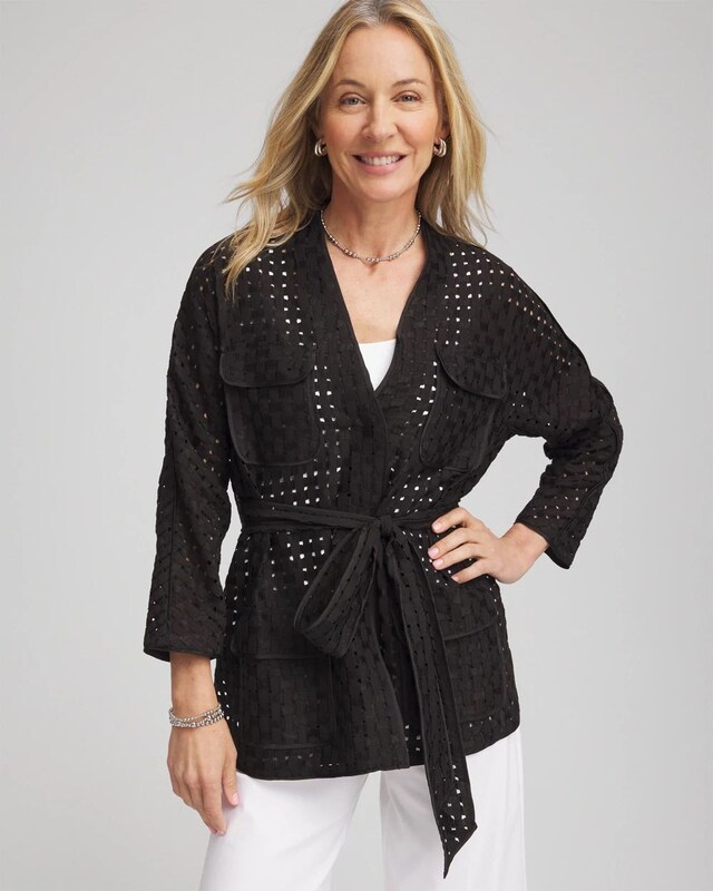 Open-Stitch Tie-Front Kimono Jacket